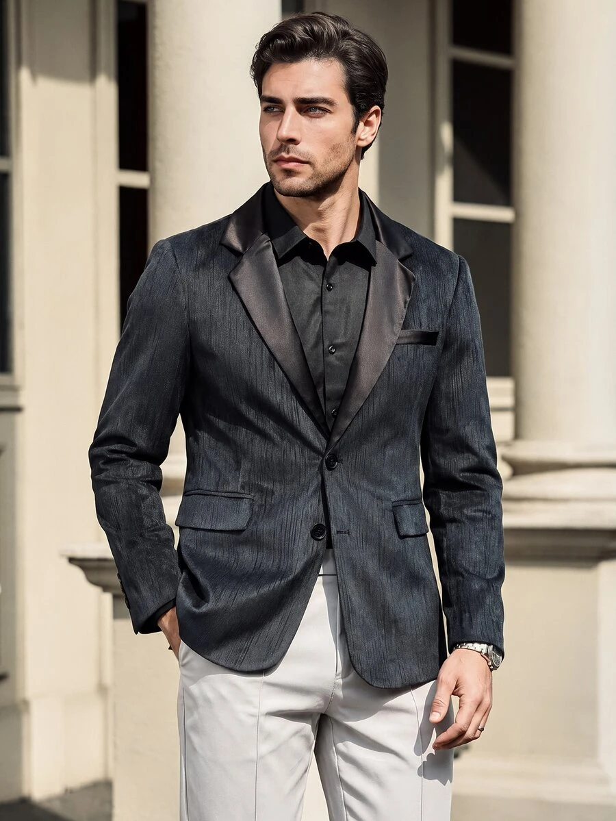 Manfinity Mode Chaqueta de traje de negocios de solapa única para hombre, con estampado jaspeado, para viajes - Negro - Ver 1