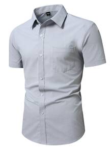 Manfinity Mode Men's Solid Color Business Casual Short Sleeve Formal Shirt, Men Office Casual Dress Shirt, Ceremony - Grey - View 3