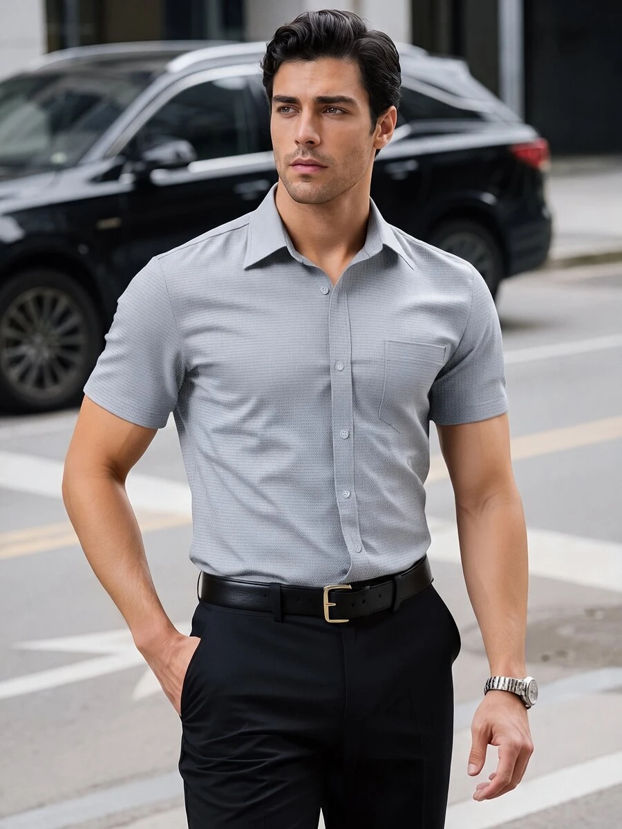 Manfinity Mode Men's Solid Color Business Casual Short Sleeve Formal Shirt, Men Office Casual Dress Shirt, Ceremony - Grey - View 1