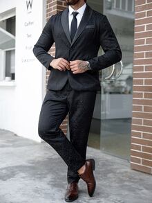 Manfinity Mode Plus Size Men Floral Jacquard Shawl Collar Long Sleeve Jacket And Pants Suit Set, Autumn - Black - View 4