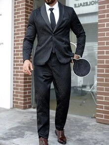 Manfinity Mode Plus Size Men Floral Jacquard Shawl Collar Long Sleeve Jacket And Pants Suit Set, Autumn - Black - View 2