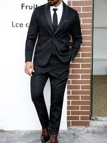 Manfinity Mode Plus Size Men Floral Jacquard Shawl Collar Long Sleeve Jacket And Pants Suit Set, Autumn - Black - View 7