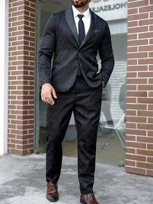Manfinity Mode Plus Size Men Floral Jacquard Shawl Collar Long Sleeve Jacket And Pants Suit Set, Autumn - Black - View 3