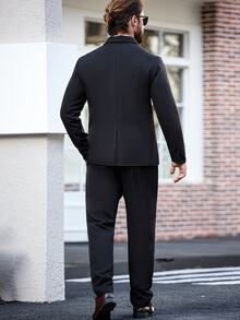 Manfinity Mode Setelan Jas Pria Ukuran Besar 2 Potong, Warna Polos, Lengan Panjang, Kancing Depan, Celana Panjang dengan Kantong - Hitam - View 7