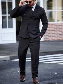 Manfinity Mode Setelan Jas Pria Ukuran Besar 2 Potong, Warna Polos, Lengan Panjang, Kancing Depan, Celana Panjang dengan Kantong - Hitam - View 3