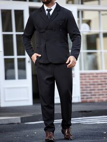 Manfinity Mode Setelan Jas Pria Ukuran Besar 2 Potong, Warna Polos, Lengan Panjang, Kancing Depan, Celana Panjang dengan Kantong - Hitam - View 2