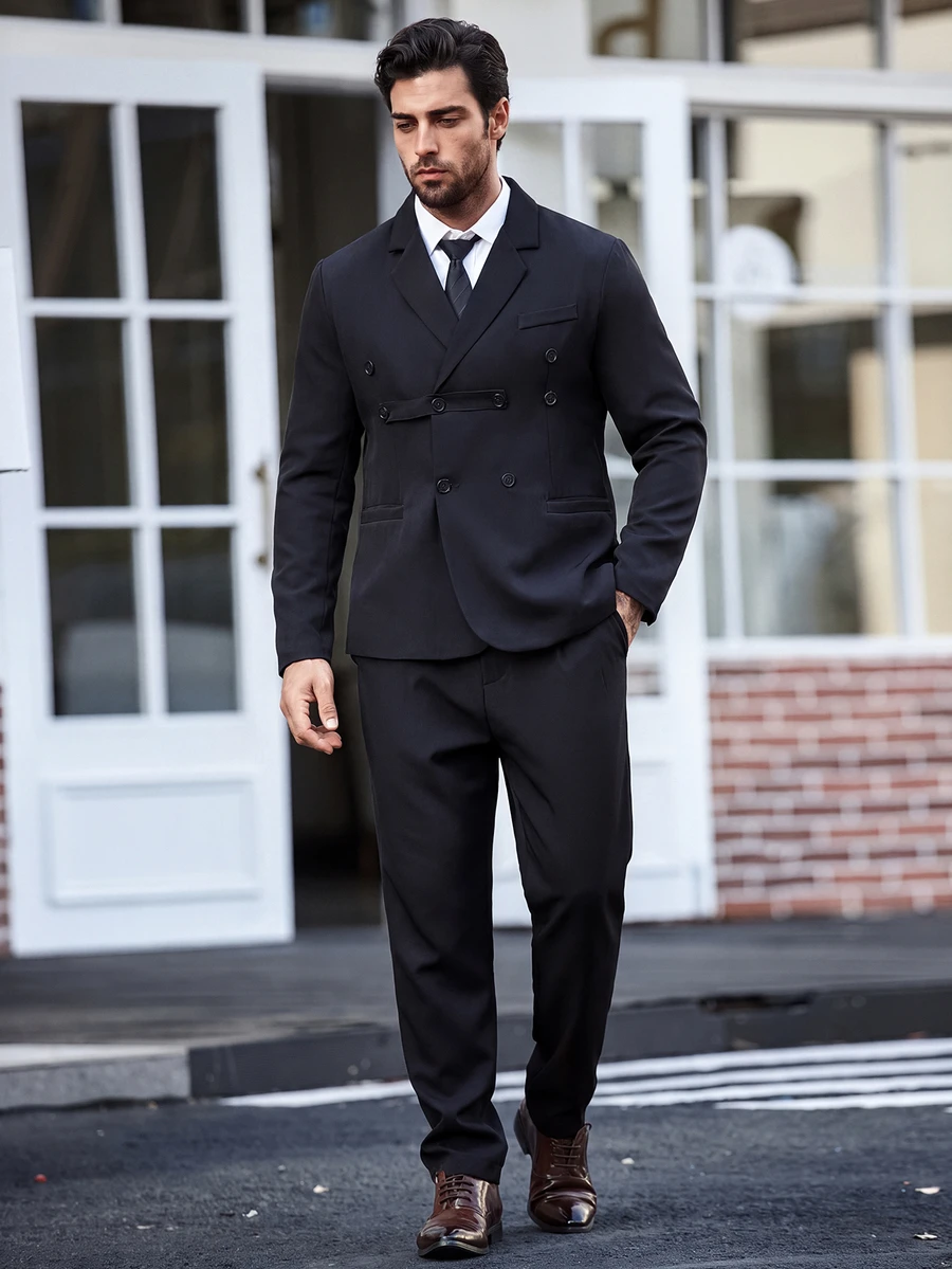 Manfinity Mode Setelan Jas Pria Ukuran Besar 2 Potong, Warna Polos, Lengan Panjang, Kancing Depan, Celana Panjang dengan Kantong - Hitam - View 1