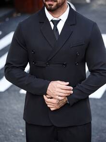 Manfinity Mode Setelan Jas Pria Ukuran Besar 2 Potong, Warna Polos, Lengan Panjang, Kancing Depan, Celana Panjang dengan Kantong - Hitam - View 5