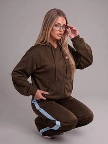 SHEIN Unity Women's Brown Peak Logo Zip-Up Hoodie Jacket With Light Blue Contrast Lining And Cuffs, Kangaroo Pocket, Sweatshirt Style - Multicolor - View 7