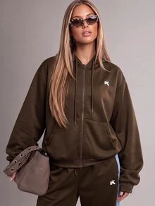 SHEIN Unity Women's Brown Peak Logo Zip-Up Hoodie Jacket With Light Blue Contrast Lining And Cuffs, Kangaroo Pocket, Sweatshirt Style - Multicolor - View 6