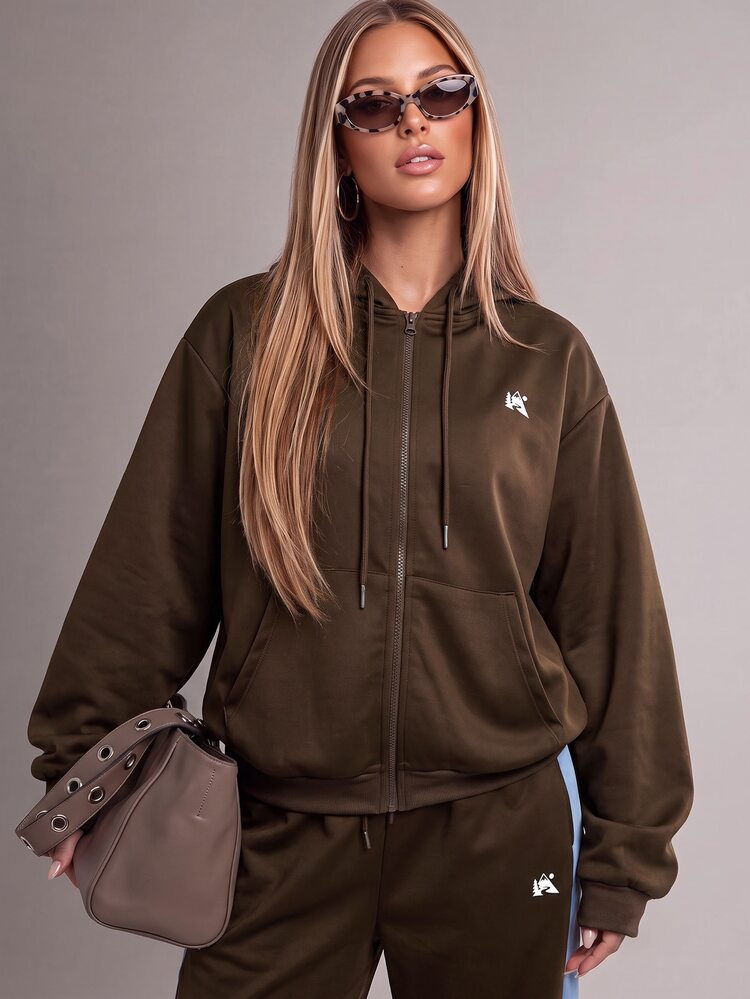 SHEIN Unity 女款棕色 Peak Logo 拉鍊連帽外套，淺藍對比內裡與袖口，袋鼠口袋，運動衫風格 - 彩色 - 查看 6
