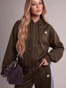 SHEIN Unity Women's Brown Peak Logo Zip-Up Hoodie Jacket With Light Blue Contrast Lining And Cuffs, Kangaroo Pocket, Sweatshirt Style - Multicolor - View 1
