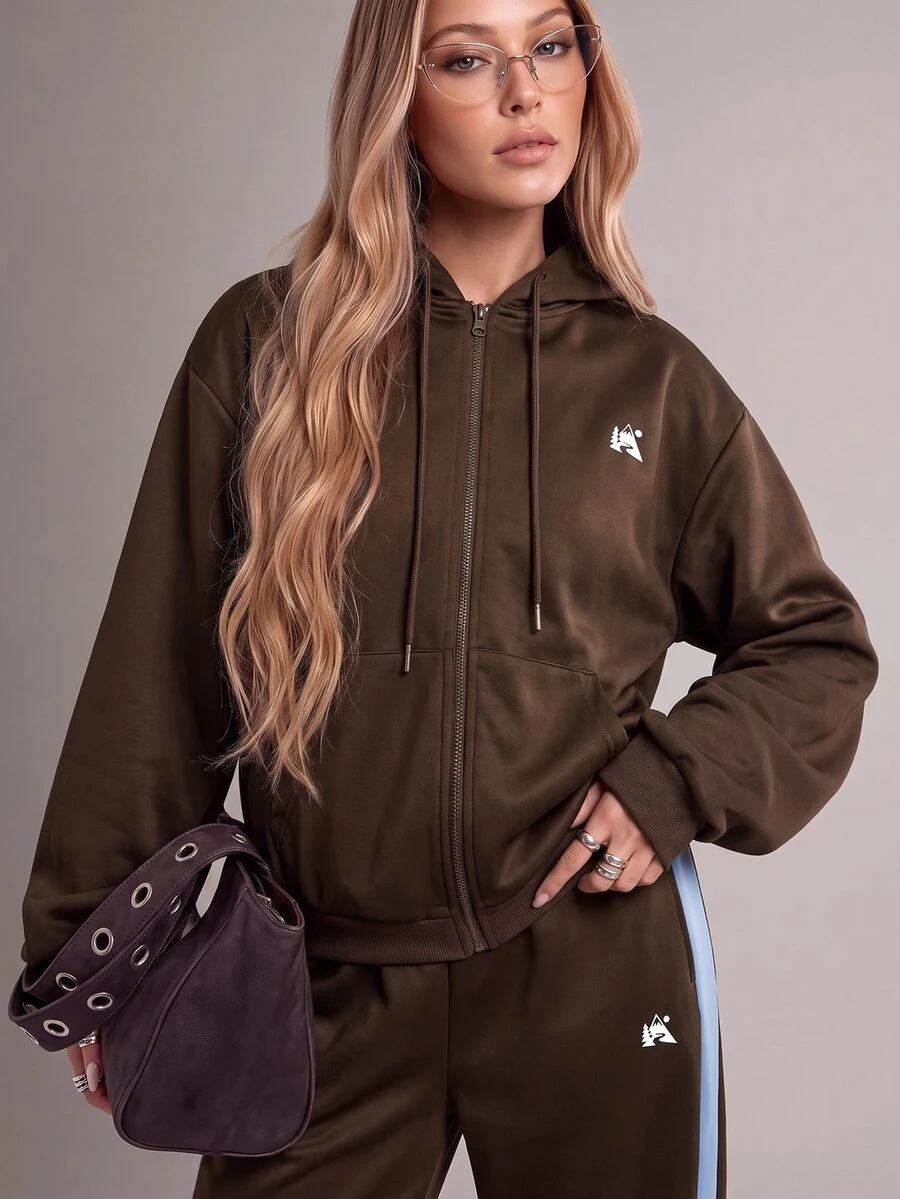 SHEIN Unity Women's Brown Peak Logo Zip-Up Hoodie Jacket With Light Blue Contrast Lining And Cuffs, Kangaroo Pocket, Sweatshirt Style - Multicolor - View 1