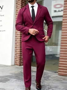 Manfinity Mode 男士大尺碼鈕扣長袖西裝外套與休閒口袋長褲正式套裝，儀式適用 - 酒紅色 - 查看 2