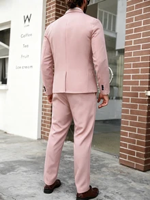 Manfinity Mode 男士大尺碼休閒紳士通勤單排扣西裝外套與正式西裝長褲套裝，儀式適用 - 藕粉色 - 查看 5