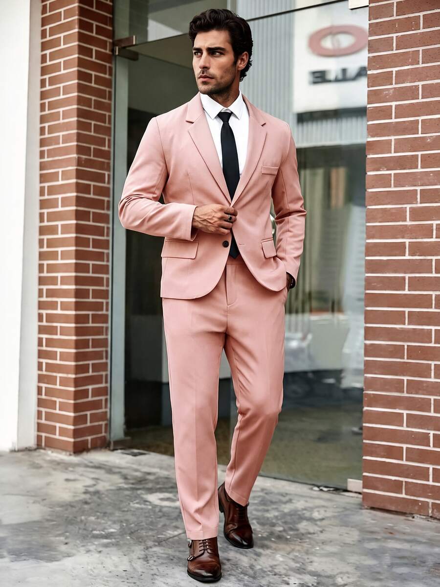 Manfinity Mode Men's Plus Size Suit Jacket And Pants Set - Dusty Pink - View 1
