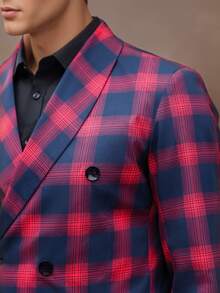 Manfinity Mode Men's Classic Red Plaid (Asymmetric) Shawl Collar Double-Breasted Suit Jacket, Full Of Christmas Atmosphere, Suitable For Party Occasions - Red - View 4