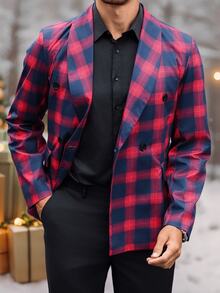 Manfinity Mode Men's Classic Red Plaid (Asymmetric) Shawl Collar Double-Breasted Suit Jacket, Full Of Christmas Atmosphere, Suitable For Party Occasions - Red - View 5