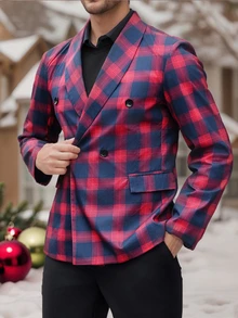 Manfinity Mode Men's Classic Red Plaid (Asymmetric) Shawl Collar Double-Breasted Suit Jacket, Full Of Christmas Atmosphere, Suitable For Party Occasions - Red - View 3