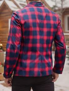 Manfinity Mode Men's Classic Red Plaid (Asymmetric) Shawl Collar Double-Breasted Suit Jacket, Full Of Christmas Atmosphere, Suitable For Party Occasions - Red - View 7