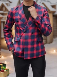 Manfinity Mode Men's Classic Red Plaid (Asymmetric) Shawl Collar Double-Breasted Suit Jacket, Full Of Christmas Atmosphere, Suitable For Party Occasions - Red - View 2