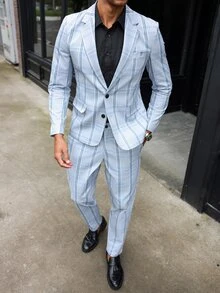 Manfinity Mode Plus Size Men's Plaid Lapel Neck Long Sleeve Jacket And Pants 2 Pieces Business Casual Suit - Light Grey - View 2