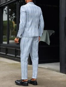 Manfinity Mode Plus Size Men's Plaid Lapel Neck Long Sleeve Jacket And Pants 2 Pieces Business Casual Suit - Light Grey - View 9