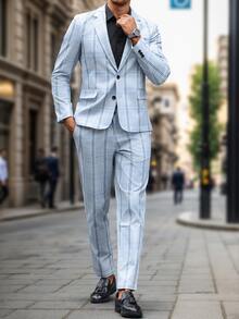 Manfinity Mode Plus Size Men's Plaid Lapel Neck Long Sleeve Jacket And Pants 2 Pieces Business Casual Suit - Light Grey - View 3