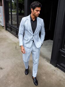 Manfinity Mode Plus Size Men's Plaid Lapel Neck Long Sleeve Jacket And Pants 2 Pieces Business Casual Suit - Light Grey - View 1