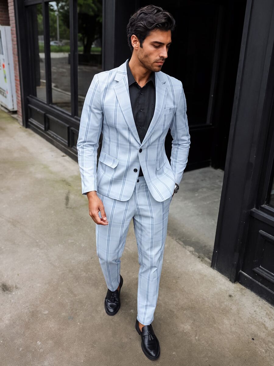 Manfinity Mode Plus Size Men's Plaid Lapel Neck Long Sleeve Jacket And Pants 2 Pieces Business Casual Suit - Light Grey - View 1
