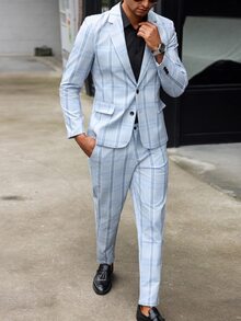 Manfinity Mode Plus Size Men's Plaid Lapel Neck Long Sleeve Jacket And Pants 2 Pieces Business Casual Suit - Light Grey - View 5