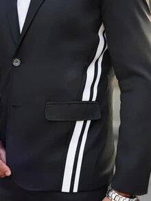 Manfinity Mode Men's Long Sleeve Contrast Color Black And White Striped Blazer - Black - View 8