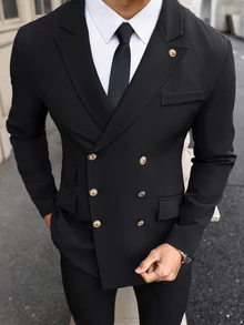 Manfinity Mode Men Solid Color Double-Breasted Long Sleeve Formal Suit Blazer Formal, Ceremony - Black - View 4