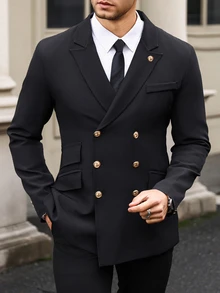 Manfinity Mode Men Solid Color Double-Breasted Long Sleeve Formal Suit Blazer Formal, Ceremony - Black - View 3