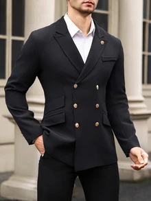 Manfinity Mode Men Solid Color Double-Breasted Long Sleeve Formal Suit Blazer Formal, Ceremony - Black - View 7