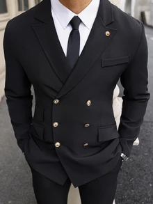 Manfinity Mode Men Solid Color Double-Breasted Long Sleeve Formal Suit Blazer Formal, Ceremony - Black - View 6