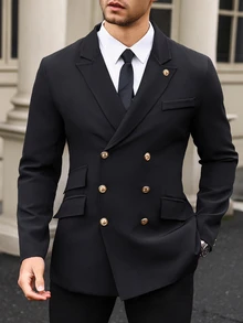 Manfinity Mode Men Solid Color Double-Breasted Long Sleeve Formal Suit Blazer Formal, Ceremony - Black - View 5