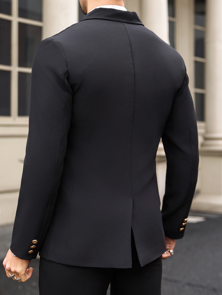 Manfinity Mode Men Solid Color Double-Breasted Long Sleeve Formal Suit Blazer Formal, Ceremony - Black - View 8