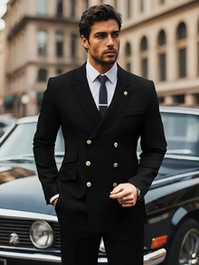 Manfinity Mode Men Solid Color Double-Breasted Long Sleeve Formal Suit Blazer Formal, Ceremony - Black - View 1