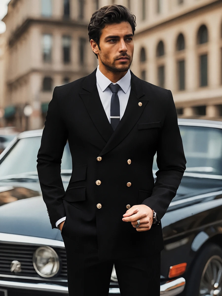 Manfinity Mode Men Solid Color Double-Breasted Long Sleeve Formal Suit Blazer Formal, Ceremony - Black - View 1