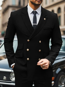 Manfinity Mode Men Solid Color Double-Breasted Long Sleeve Formal Suit Blazer Formal, Ceremony - Black - View 2
