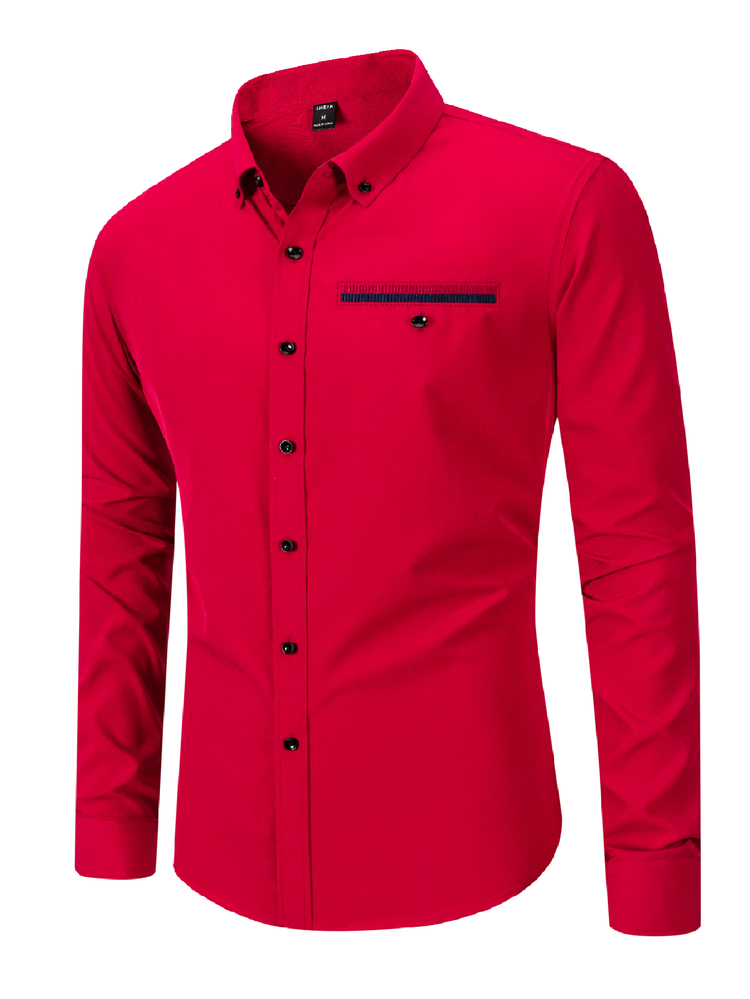 Manfinity Mode Men's Button Down Long Sleeve Shirt, Baggy Plain Dark Red Boyfriend Gift, For Fall - Red - View 3