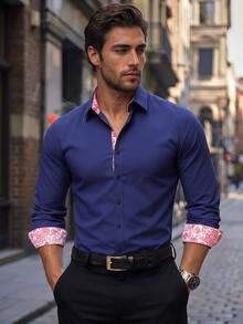 Manfinity Mode Men's Color Block Single-Breasted Casual Versatile Daily Wear Formal Shirt, Ceremony - Navy Blue - View 1
