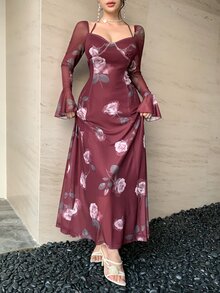 DAZY Women's Floral Print Sweetheart Neck Halter Flared Sleeve Elegant Dress - Burgundy - View 7