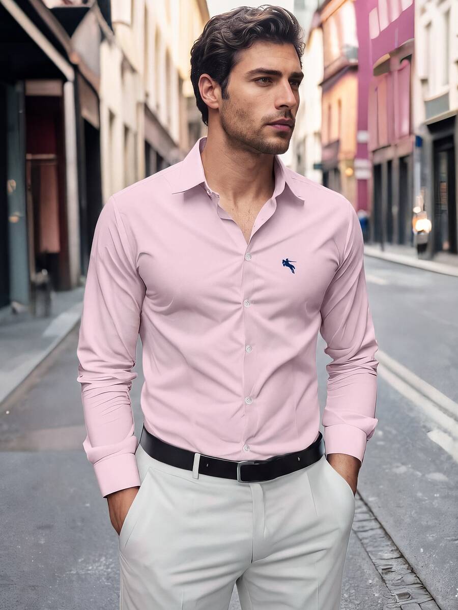 Manfinity Mode Men's Autumn Knight Graphic Print Long Sleeve Single-Breasted Casual Shirt, For Fall - Pink - View 1