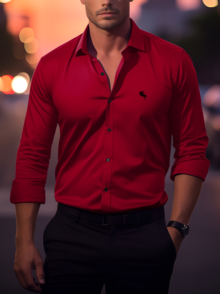 Manfinity Mode Men Long Sleeve Shirt With Small Logo Print, Slim Fit Button Up Plain Dark Red Shirt, Boyfriend Gift, Fall - Red - View 2