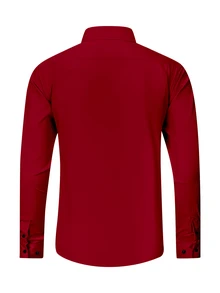 Manfinity Mode Men Long Sleeve Shirt With Small Logo Print, Slim Fit Button Up Plain Dark Red Shirt, Boyfriend Gift, Fall - Red - View 3