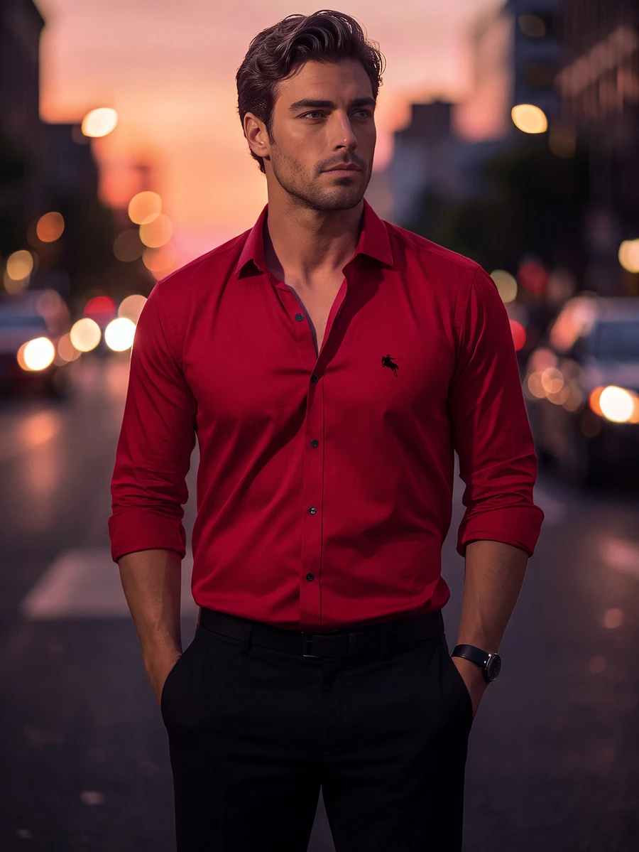 Manfinity Mode Men Long Sleeve Shirt With Small Logo Print, Slim Fit Button Up Plain Dark Red Shirt, Boyfriend Gift, Fall - Red - View 1