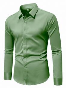 Calvornis Men's Casual Versatile Solid Color Long Sleeve Shirt, Formal, Old Money - Green - View 3