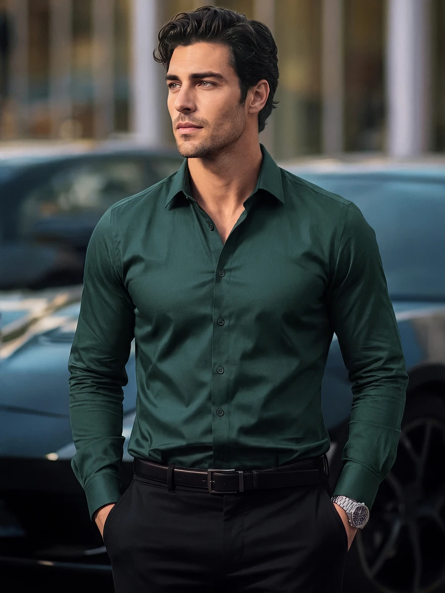 Manfinity Mode Men's Solid Color Long Sleeve Shirt With Embroidered Cuffs, For Fall, Formal - Dark Green - View 1